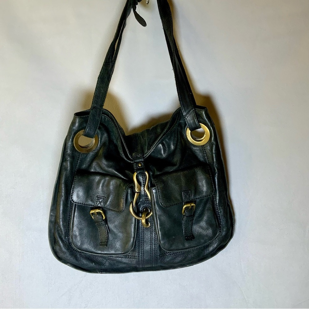 Cynthia Rowley Black Leather Hobo Satchel Shoulder Bag Gold Grommet Hardware